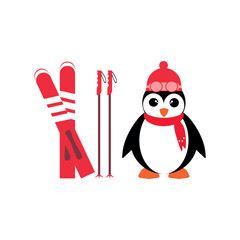  Vector illustration penguin  in trendy flat style with pair of skis