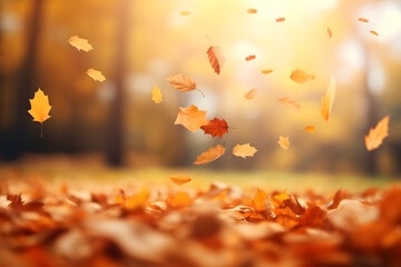 Flying fall leaves on autumn forest background