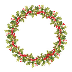 Watercolor vector Christmas wreath with green branches and red berries.