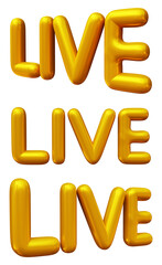 Golden live text for social media, applications and web pages isolated on transparent background in 3d rendering