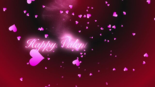 Pink heart shapes falling from red and black gradation background with Happy Valentine&rsquo;s day texts appearing.