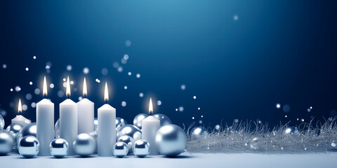 Fototapeta na wymiar Blue Christmas composition with candles, decoration, lights, bokeh. Merry Christmas and New Year background.Holidays blue template.Generative ai