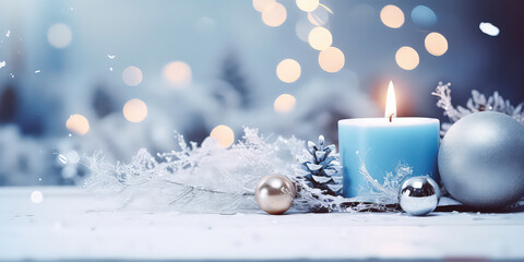 Obraz na płótnie Canvas Blue Christmas composition with candles, decoration, lights, bokeh. Merry Christmas and New Year background.Holidays blue template.Generative ai