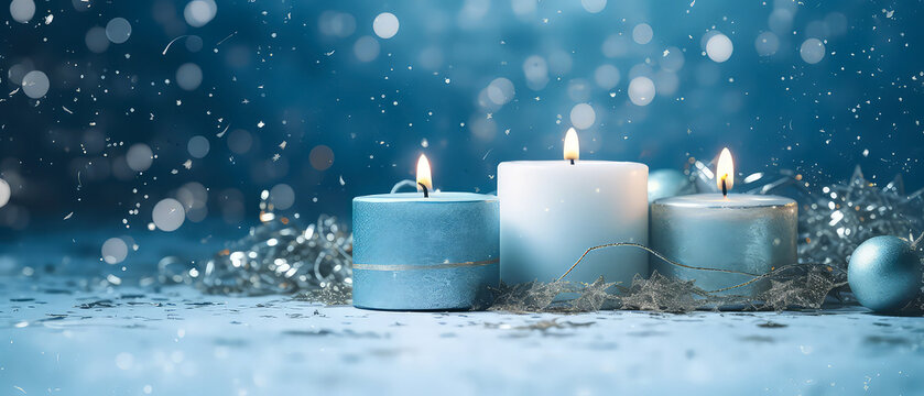 Blue Christmas composition with candles, decoration, lights, bokeh. Merry Christmas and New Year background.Holidays blue template.Generative ai