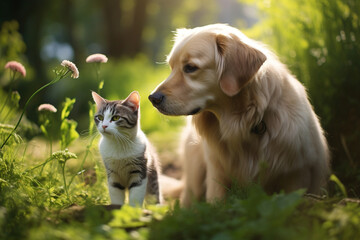 A loyal dog gently guiding a blind cat through a garden, love  