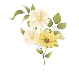 Vector meadow flowers and bouquet illustration, wildflowers and leaves branch arrangement clipart