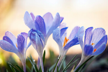 Crocus heuffelianus, vernus. beautiful spring flower mountain blue crocus. delicate flower in the...