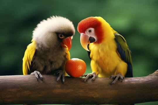 A mischievous monkey sharing a juicy fruit with an appreciative parrot, love  