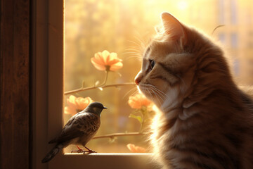 A peaceful scene of a cat and a bird sharing a sunlit windowsill, love   - obrazy, fototapety, plakaty
