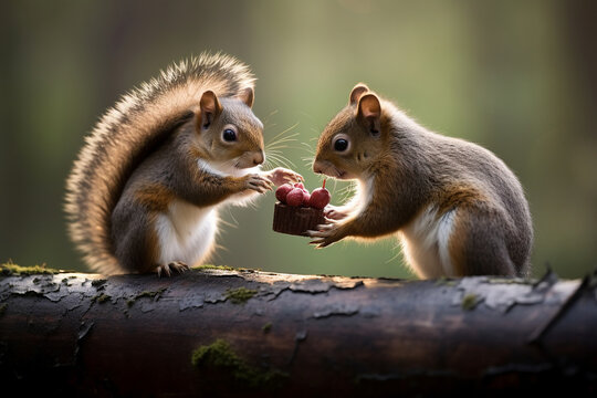 A caring squirrel offering a helping hand to a struggling hedgehog, love  