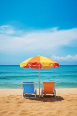 Holiday background: Sun loungers with umbrella on the beach with ocean view