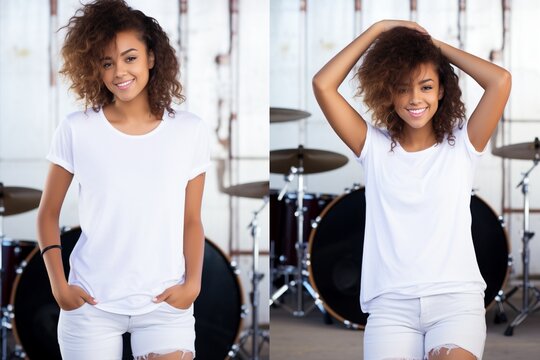 female wearing white tshirt split screen 2 photos for mock up with music themed background