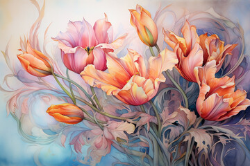 watercolor of tulips decorations. wallpaper background.