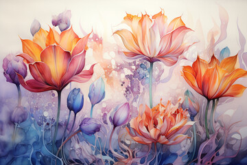 watercolor of tulips decorations. wallpaper background.