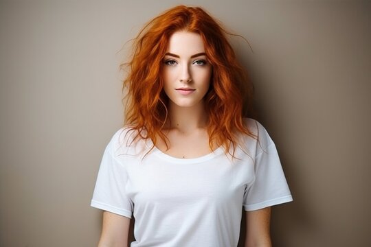 female with red hair wearing white tshirt for mock up neutral background