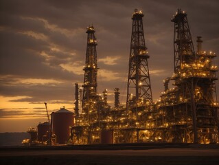Offshore oil rigs at sunset in oil and gas industry landscape