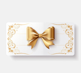 White gift voucher with gold ribbon and bow. Discount coupon. Isolated on white and transparent background generative Ai