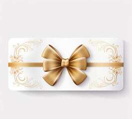 White gift voucher with gold ribbon and bow. Discount coupon. Isolated on white and transparent background generative Ai