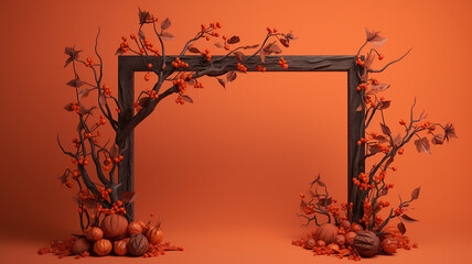 rectangular arch, frame of branches and leaves autumn theme on a dark background, presentation of a new product, stage