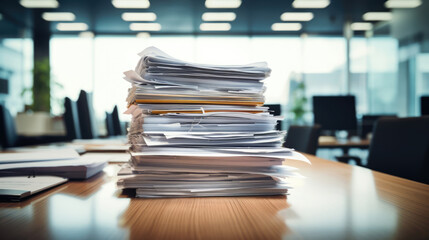 Pile of documents on an office desk. Generative AI. - obrazy, fototapety, plakaty