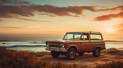 Fototapeta na wymiar Vintage SUV 4x4 vehicle parking on the coastline at sunset. Generative AI.