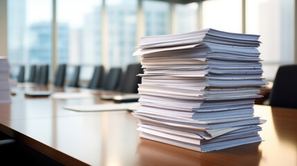 Pile of documents on an office desk. Generative AI.