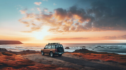 Fototapeta na wymiar Vintage SUV 4x4 vehicle parking on the coastline at sunset. Generative AI.