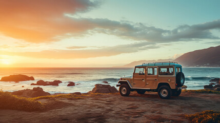 Vintage SUV 4x4 vehicle parking on the coastline at sunset. Generative AI.