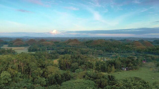 Chocolate Hills at sunset in Bohol Island, Philippines. Aerial drone cinematic shot. Slow travelling above jungle palm trees. Vibrant colors and cloudy sunset.