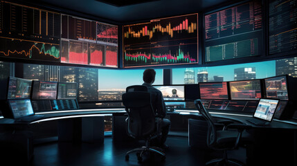 Finance and economy displays in a workstation. Generative AI. 