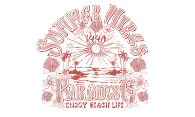 Summer vibes graphic print design. Beach with tropical flower art. Palm tree vector sketch.