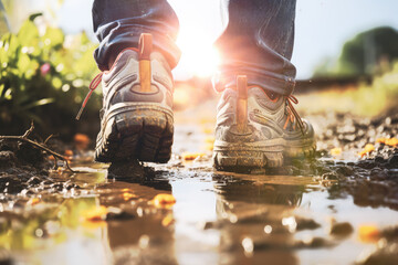 Splashes water and muds, man walking outdoor, step, outdoor shoes. Generative AI.