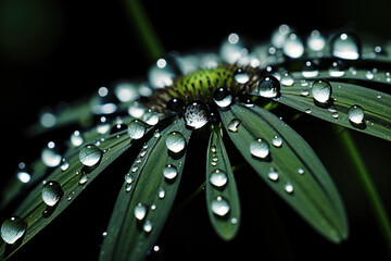 Extreme close-up drops on a plant in rainy day, clean image. Generative AI.