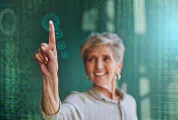 Business woman, press and screen hologram for biometric information, cybersecurity and information technology. Professional manager for fingerprint coding, data protection or gdpr software in overlay