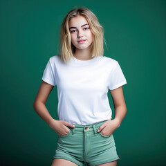 white haired girl wearing a white shirt, she is posing for a photo isolated in green background