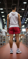 Gym Workout: Back View Man in Red Shorts and White T-Shirt