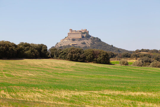 View of the Monastery of El Pueyo in Barbastro, Huesca province, Aragon, Spain, on top of a mountain