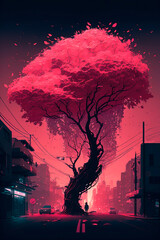 A tree in the middle of a city at night. Cyberpunk. Generative AI