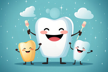happy tooth Cartoon dental character. Cute dentist mascot. Oral health and dental inspection teeth. Medical dentist tool.
