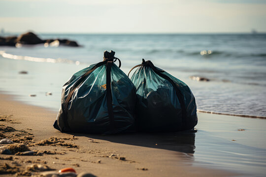 A Black plastic garbage bag full of dirt on the sea polluted sea beach. Polluted sea beach