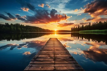Zelfklevend Fotobehang Relaxing moment: Wooden pier on a lake with an amazing sunset © Guido Amrein