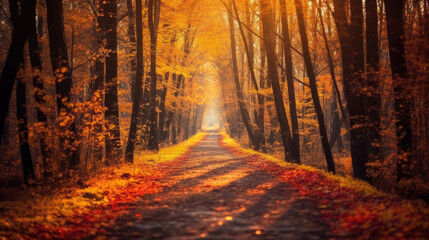 Autumn forest road in autumn leaves background. morning sunlight. Generative Ai