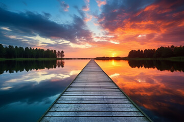 Obraz premium Relaxing moment: Wooden pier on a lake with an amazing sunset