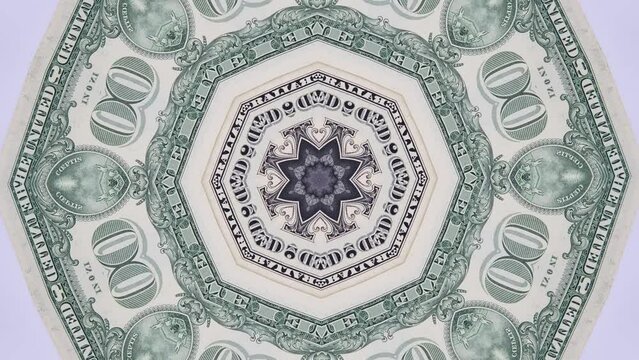 American paper dollars creative ornament kaleidoscope. Close-up banknotes US 1 dollar bill abstract background.