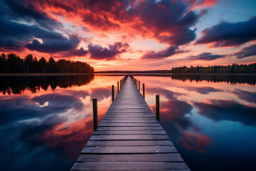 Fototapeta premium Relaxing moment: Wooden pier on a lake with an amazing sunset