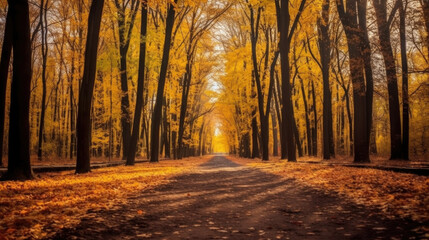 Autumn forest scenery with road of fall leaves & warm light illumining the gold foliage. Footpath in scene autumn forest nature. Generative Ai