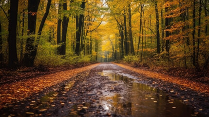 Autumn forest scenery with road of fall leaves & warm light illumining the gold foliage. Footpath in scene autumn forest nature. Generative Ai