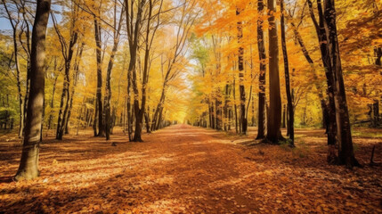 Fototapeta premium Autumn forest scenery with road of fall leaves & warm light illumining the gold foliage. Footpath in scene autumn forest nature. Generative Ai