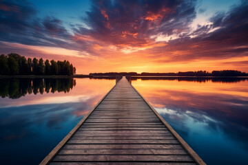 Fototapeta premium Relaxing moment: Wooden pier on a lake with an amazing sunset
