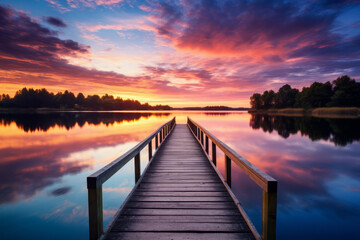 Fototapeta na wymiar Relaxing moment: Wooden pier on a lake with an amazing sunset